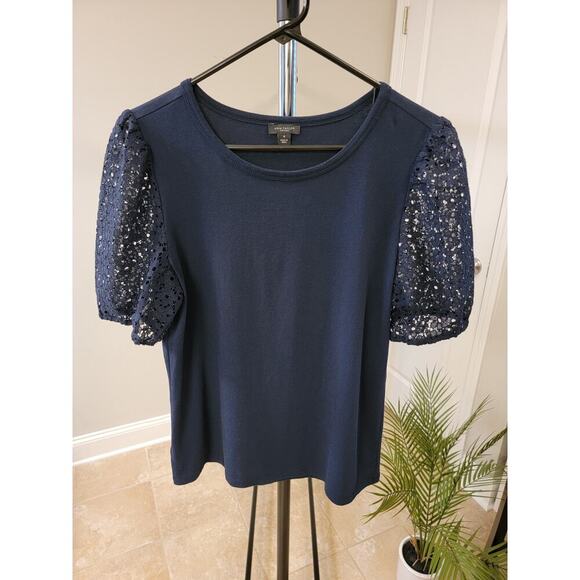 Ann Taylor Factory Tops - Ann Taylor Factory Navy Blue Lace Puff Sleeve Shirt